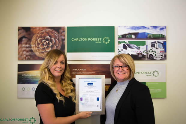 L- R:  Rachael Murray Business Development Manager and Diane Ward Operations Director at Carlton Forest Group proudly display their BRC Certification 